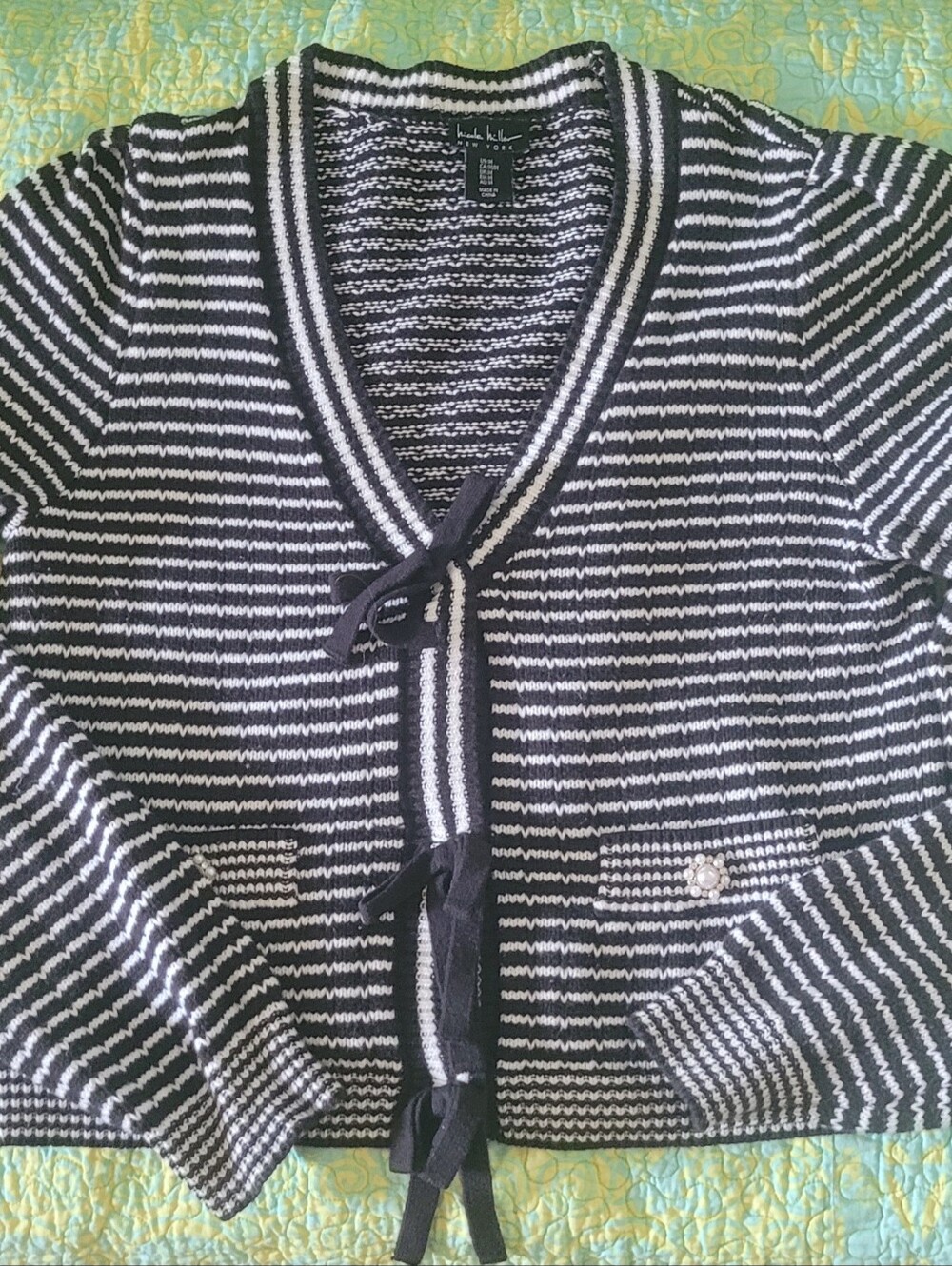Nicole Miller Black and White Striped Knit Cardigan